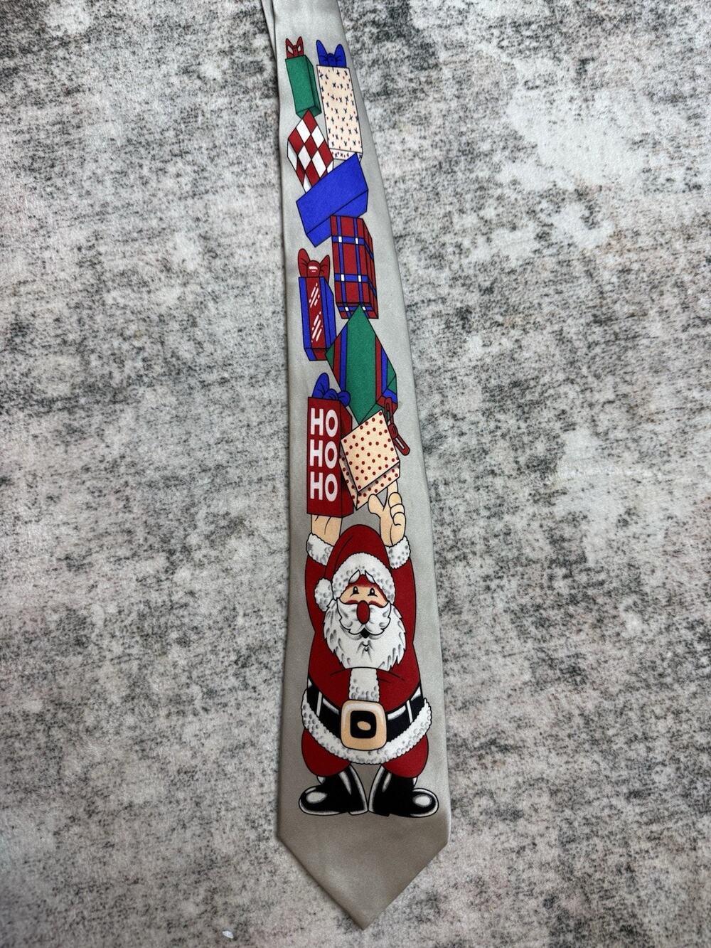 VINTAGE CHRISTMAS SANTA CLAUS Gray Red Fine SILK NECK TIE Ho Ho Ho Handmade